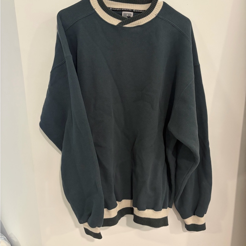 Russell Athletic Men's Forest Green Sweater with Cream Trim